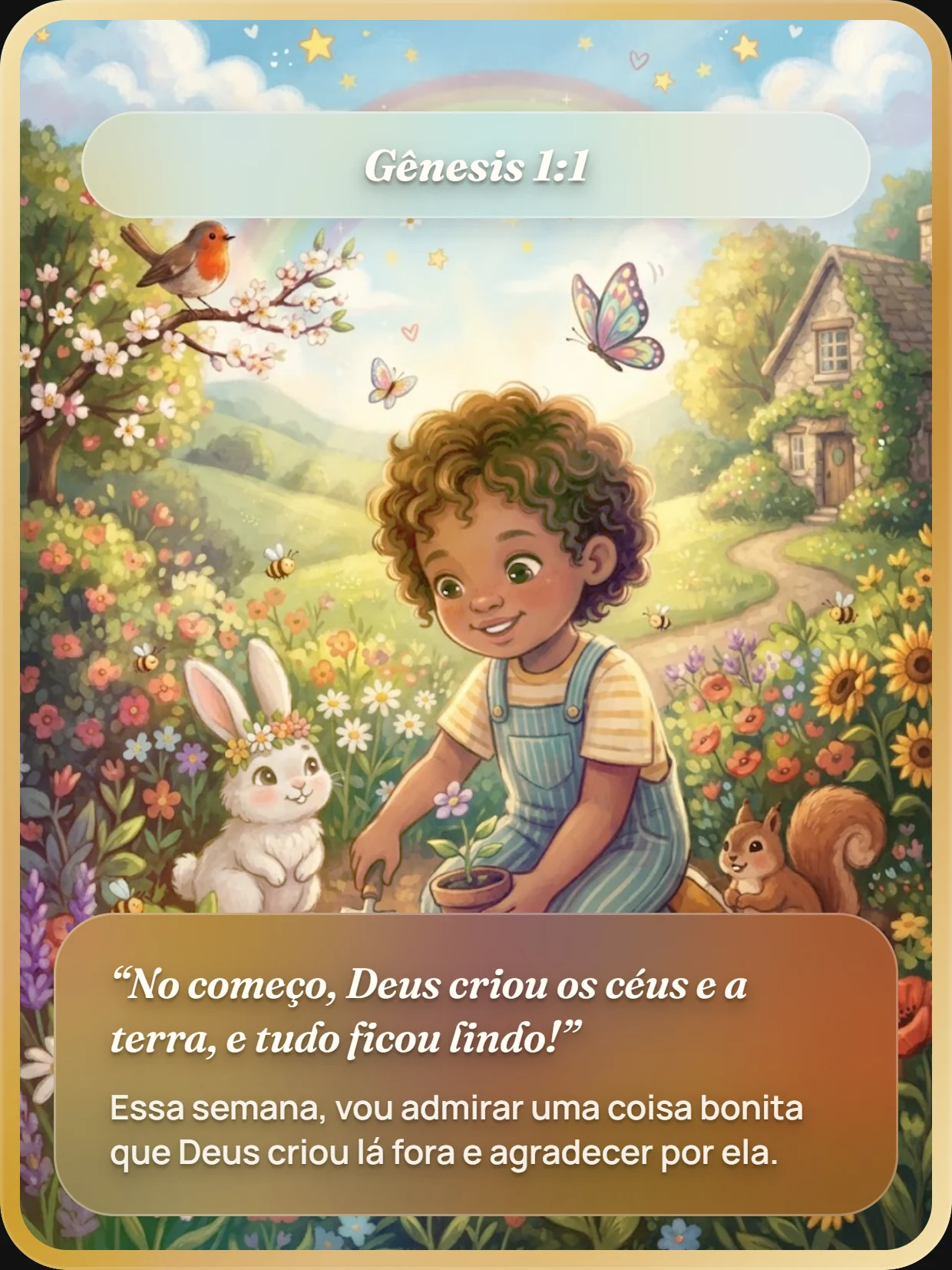Card finalizado sobre a criação, com moldura e texto