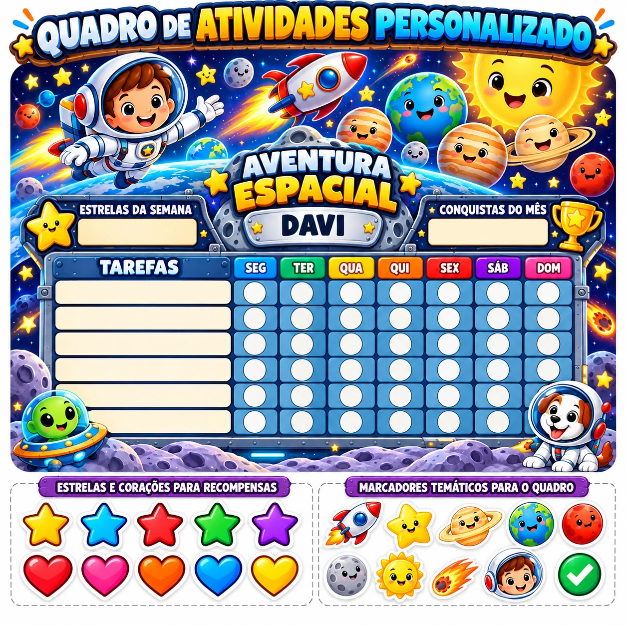 Exemplo de quadro personalizado com tema espaço para Davi